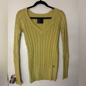 American Eagle Outfitters Women's Lime Green Cable V-Neck Sweater
